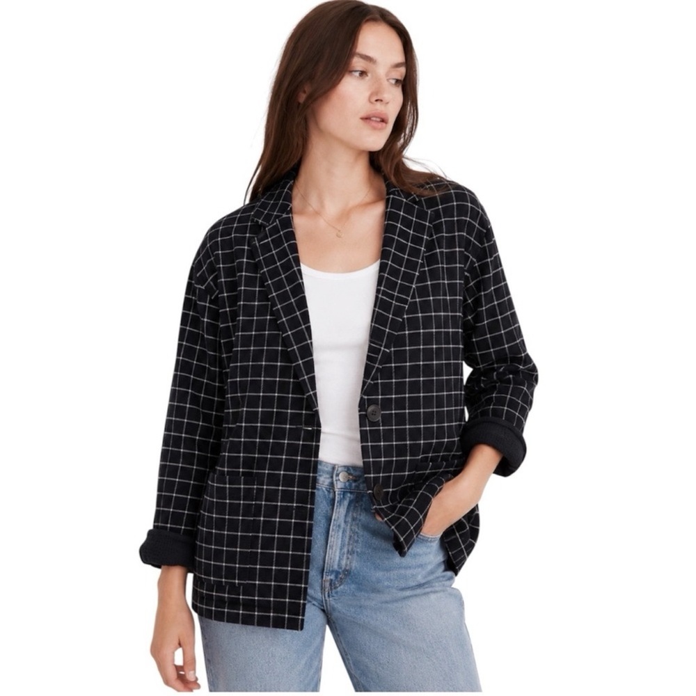 Madewell Waffleback Shaw Blazer In Windowpane Black White Size large NWOT